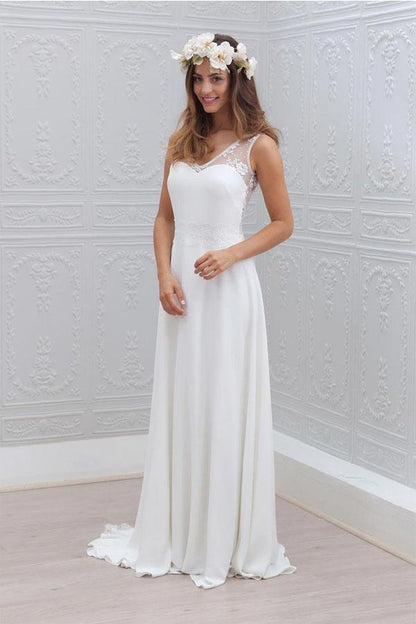 Elegant Bowknot Chiffon V-Neck Lace Sleeveless White Wedding Dress