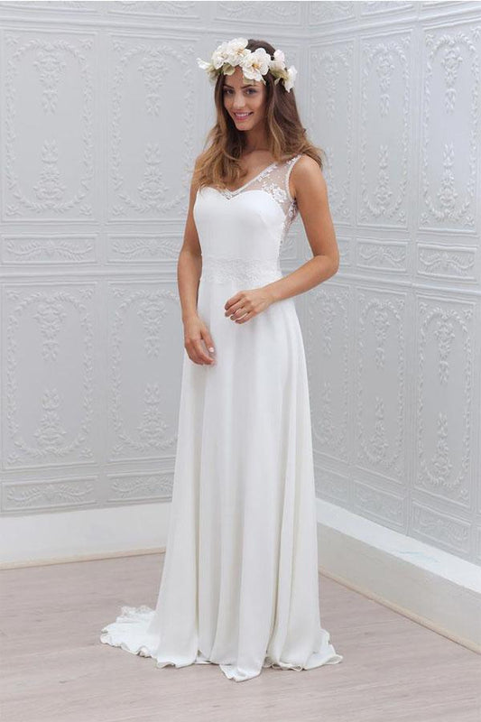 Elegant Bowknot Chiffon V-Neck Lace Sleeveless White Wedding Dress