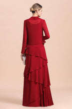 Robe élégante en mousseline bordeaux pour la mère de la mariée avec volants et veste