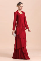 Robe élégante en mousseline bordeaux pour la mère de la mariée avec volants et veste