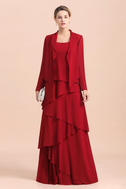 Elegante vestido de gasa burdeos para madre de la novia con volantes y chaqueta