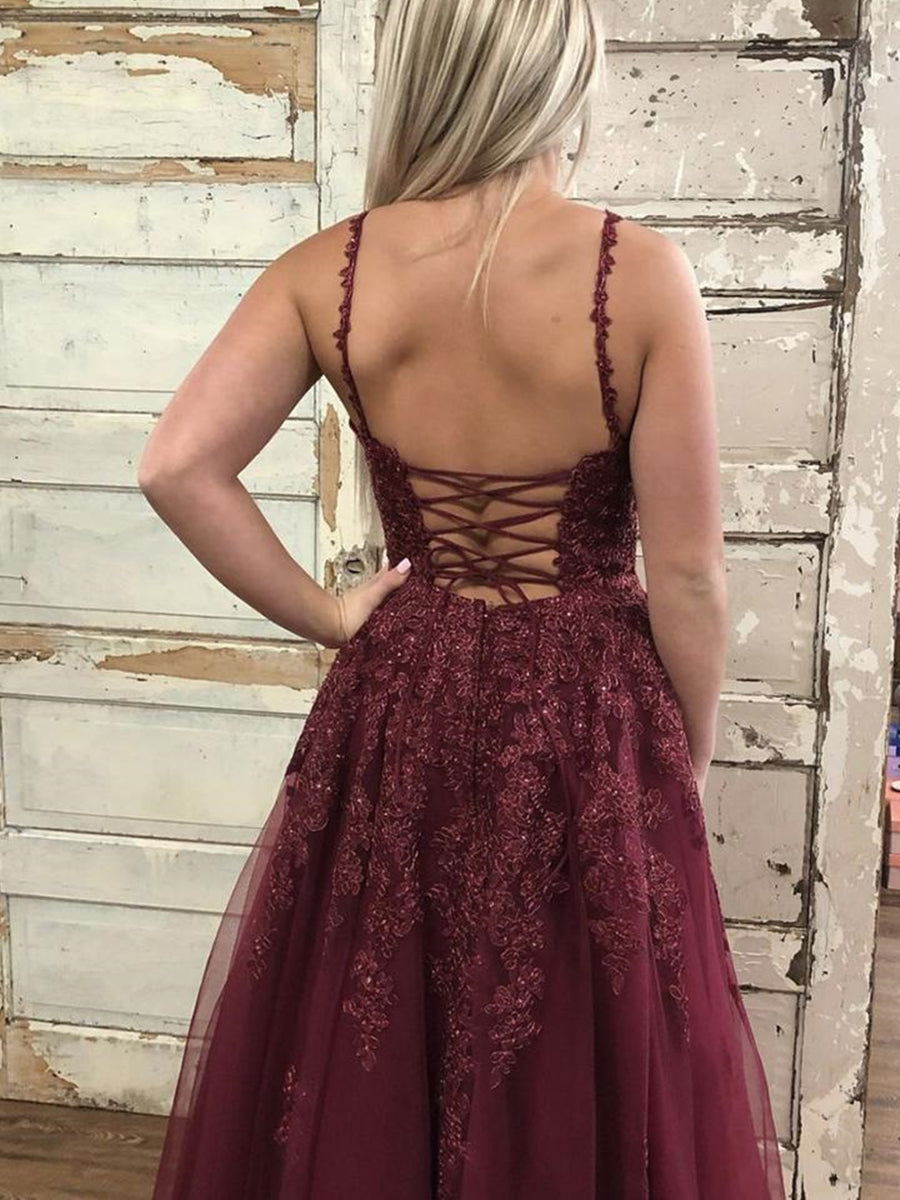Elegante abito lungo bordeaux a linea ad A con scollo a V, schiena scoperta, tulle e pizzo per cerimonie formali