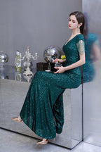 Elegant Cap Sleeve Green Sequins Long Prom Dress