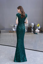 Elegant Cap Sleeve Green Sequins Long Prom Dress