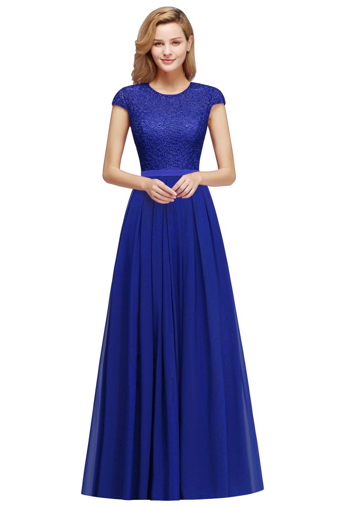 Robe de soirée longue bleu marine à manches courtes élégantes et coupe évasée