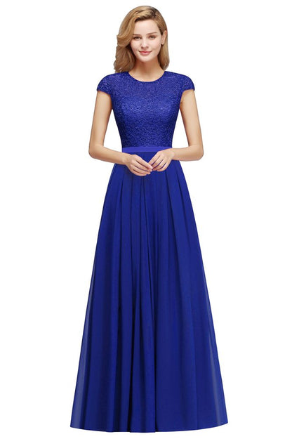 Elegante vestido de noche con mangas cortas y corte en A, vestido de fiesta largo azul marino