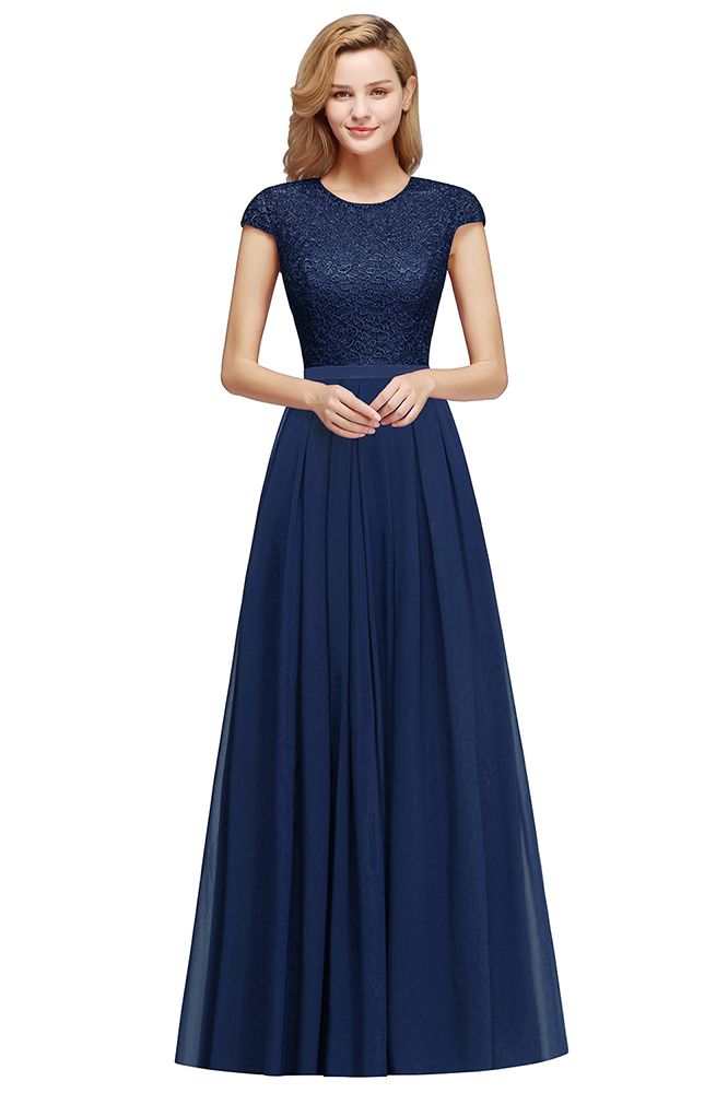 Robe de soirée longue bleu marine à manches courtes élégantes et coupe évasée