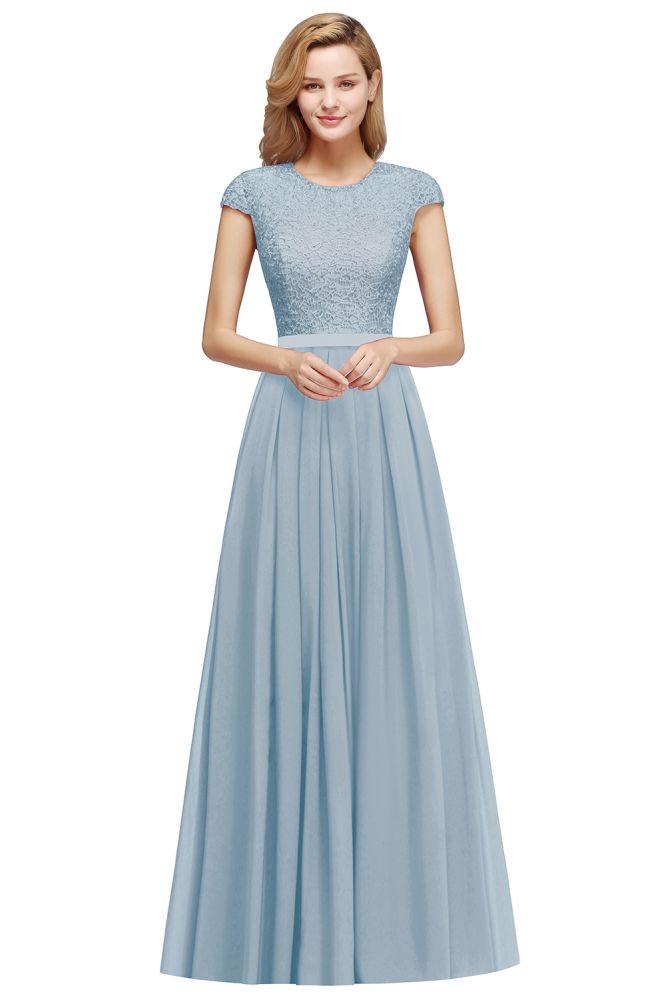 Robe de soirée longue bleu marine à manches courtes élégantes et coupe évasée