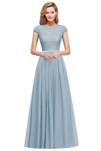 Elegante vestido de noche con mangas cortas y corte en A, vestido de fiesta largo azul marino