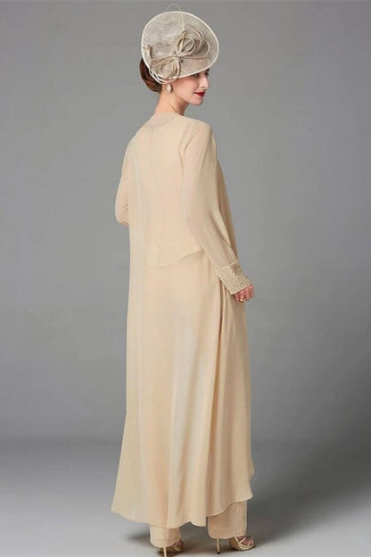 Elegante vestido de madre de la novia color champán, mono de gasa para dama de honor