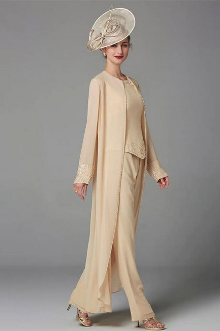 Elegante vestido de madre de la novia color champán, mono de gasa para dama de honor