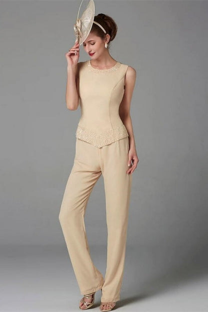 Elegante vestido de madre de la novia color champán, mono de gasa para dama de honor