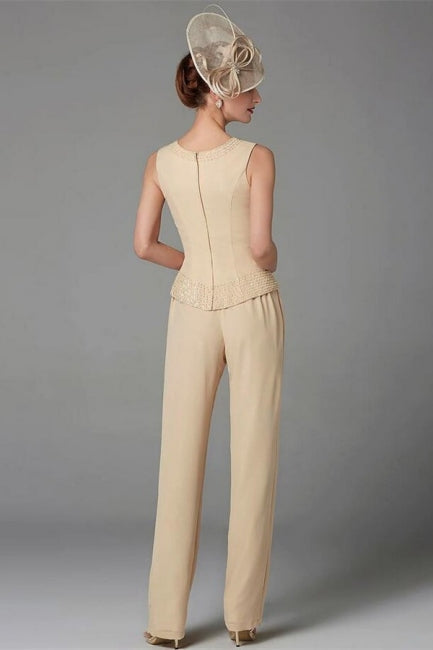 Elegante vestido de madre de la novia color champán, mono de gasa para dama de honor