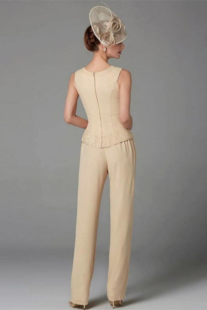 Elegante vestido de madre de la novia color champán, mono de gasa para dama de honor