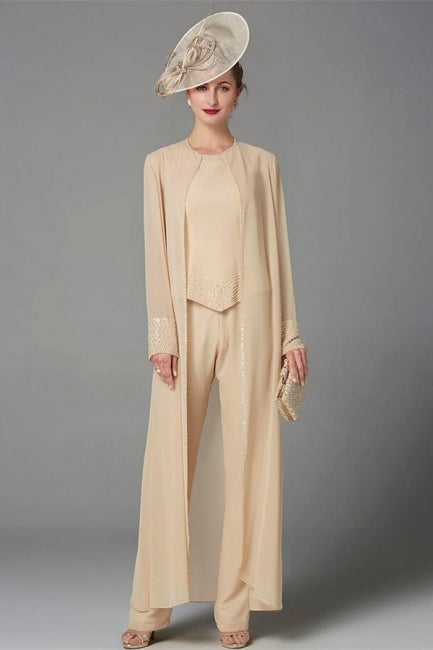 Elegante vestido de madre de la novia color champán, mono de gasa para dama de honor