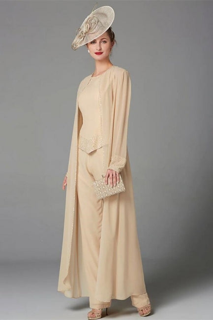 Elegante vestido de madre de la novia color champán, mono de gasa para dama de honor