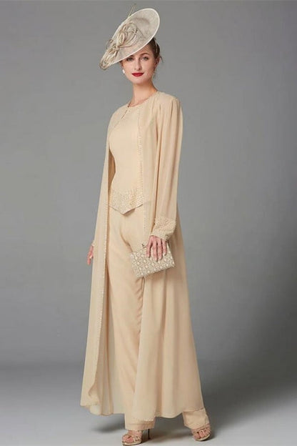 Elegante vestido de madre de la novia color champán, mono de gasa para dama de honor