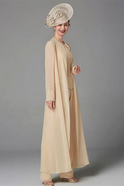 Elegante vestido de madre de la novia color champán, mono de gasa para dama de honor