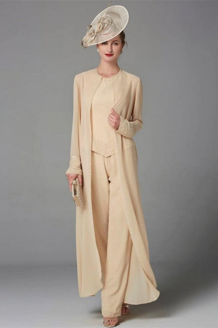 Elegante vestido de madre de la novia color champán, mono de gasa para dama de honor