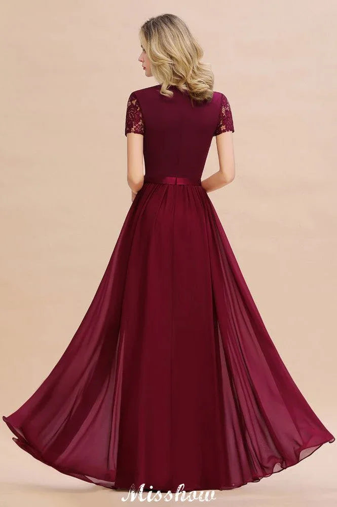 Elegant Chiffon Lace Jewel Short Sleeves Floor-Length A-Line Bridesmaid Dress