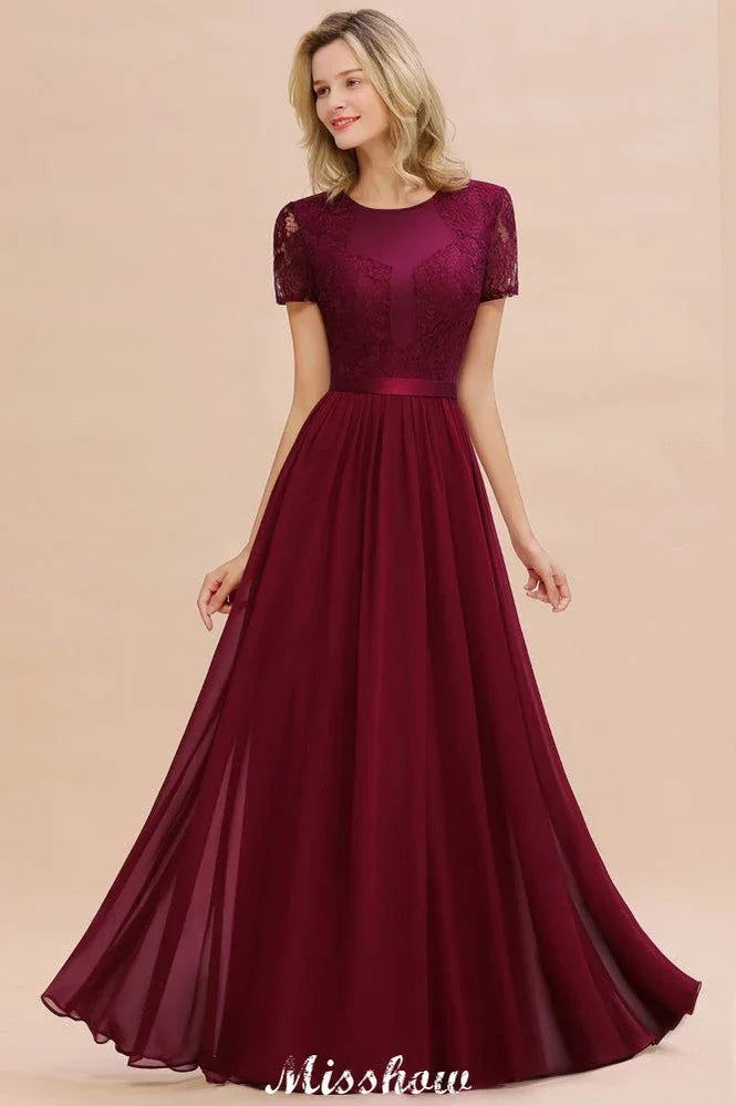 Elegant Chiffon Lace Jewel Short Sleeves Floor-Length A-Line Bridesmaid Dress