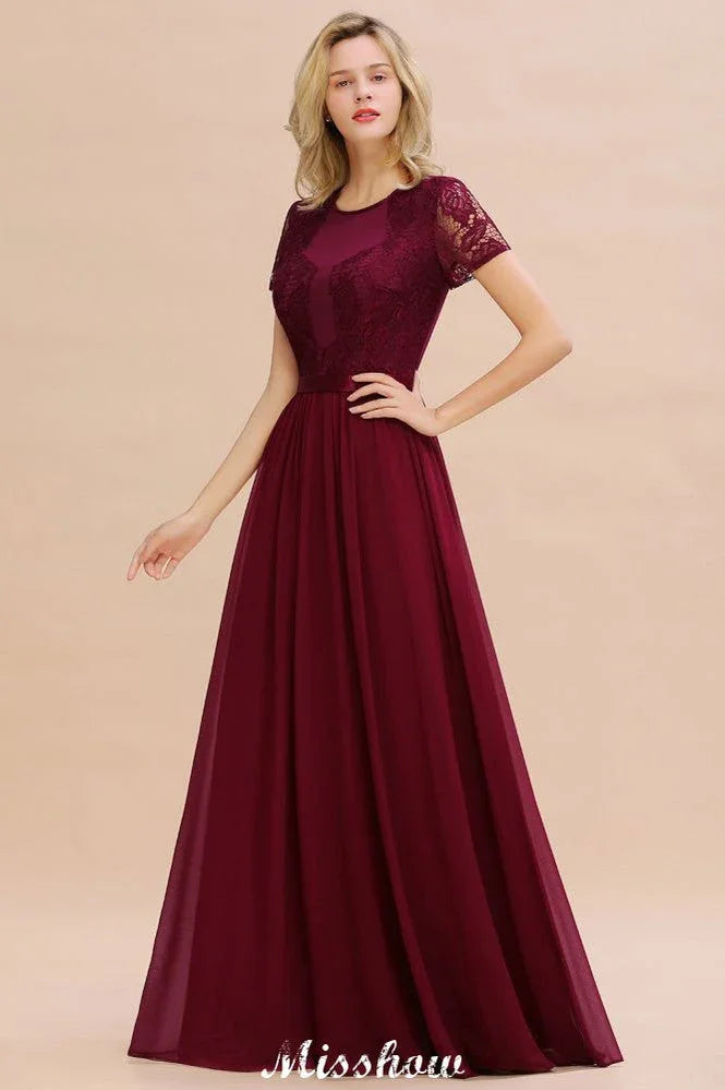 Elegant Chiffon Lace Jewel Short Sleeves Floor-Length A-Line Bridesmaid Dress