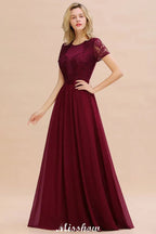 Elegant Chiffon Lace Jewel Short Sleeves Floor-Length A-Line Bridesmaid Dress