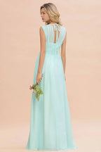 Elegantes Chiffon-Kleid für Brautjungfern mit V-Ausschnitt, ärmellos, bodenlang, A-Linie und Rüschen