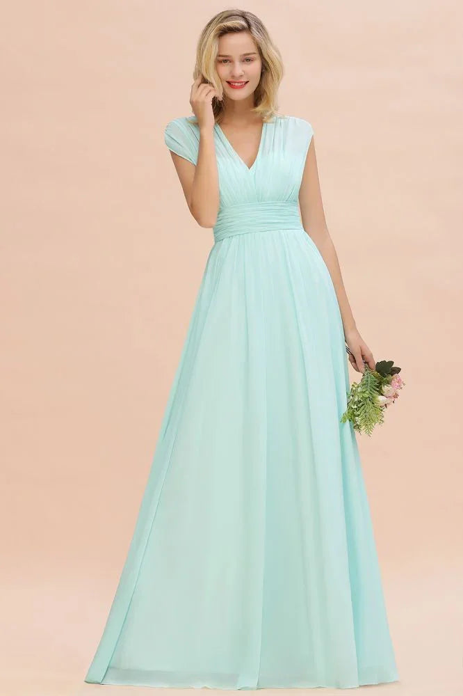 Elegantes Chiffon-Kleid für Brautjungfern mit V-Ausschnitt, ärmellos, bodenlang, A-Linie und Rüschen