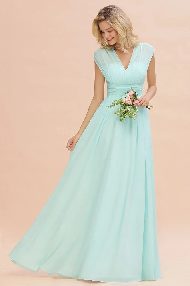 Elegantes Chiffon-Kleid für Brautjungfern mit V-Ausschnitt, ärmellos, bodenlang, A-Linie und Rüschen