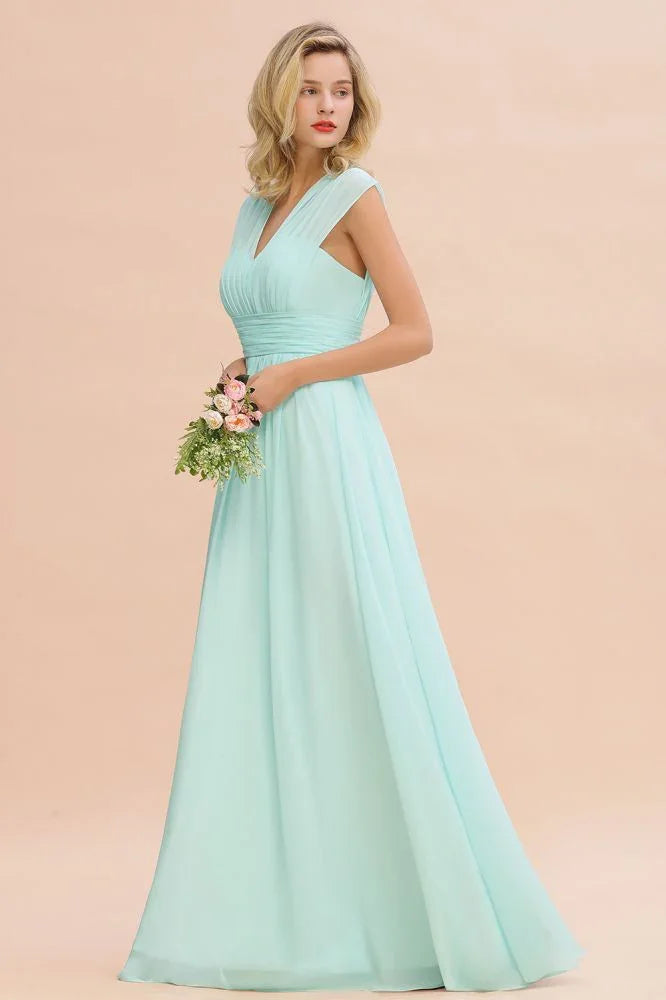 Elegantes Chiffon-Kleid für Brautjungfern mit V-Ausschnitt, ärmellos, bodenlang, A-Linie und Rüschen