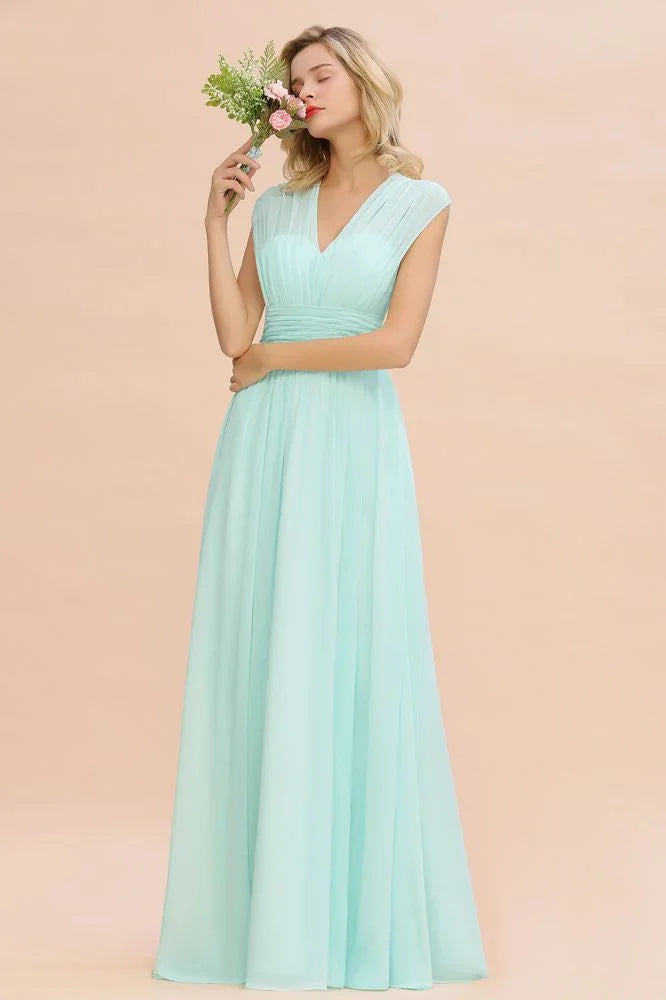 Elegantes Chiffon-Kleid für Brautjungfern mit V-Ausschnitt, ärmellos, bodenlang, A-Linie und Rüschen