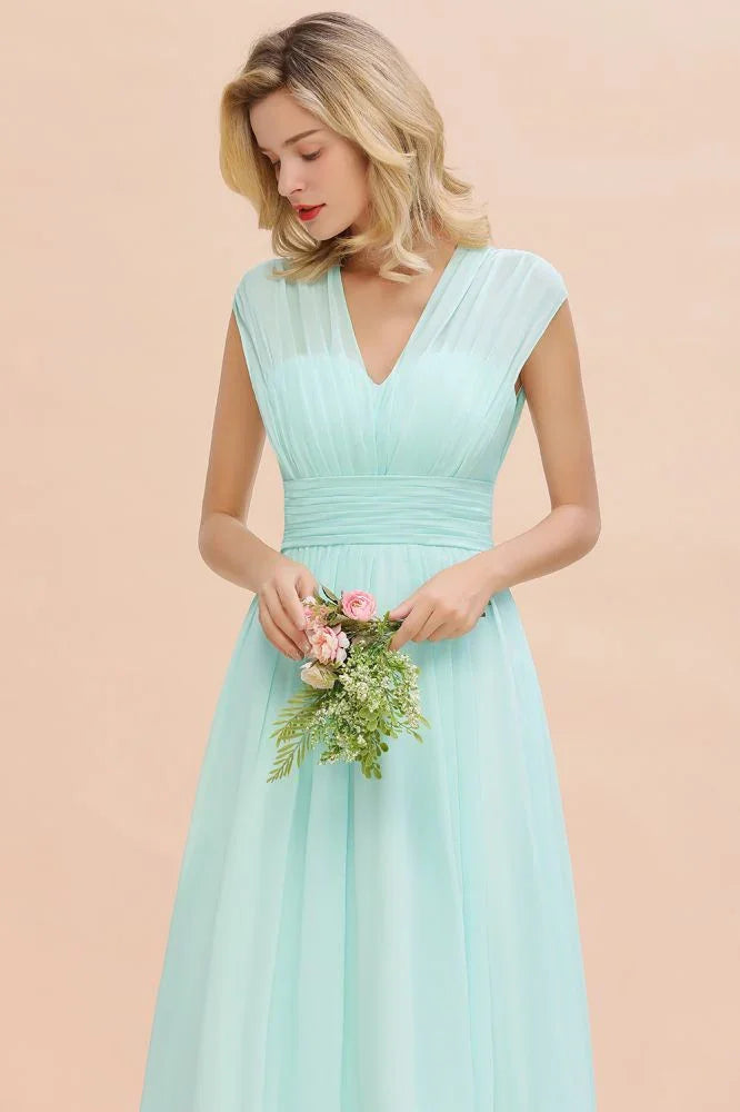 Elegantes Chiffon-Kleid für Brautjungfern mit V-Ausschnitt, ärmellos, bodenlang, A-Linie und Rüschen