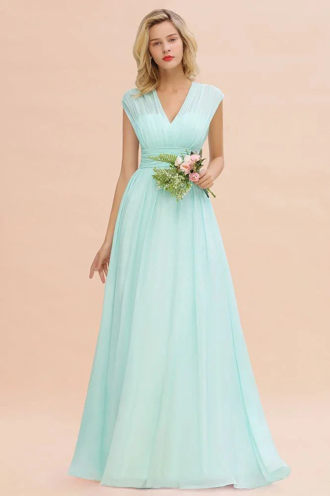 Elegantes Chiffon-Kleid für Brautjungfern mit V-Ausschnitt, ärmellos, bodenlang, A-Linie und Rüschen