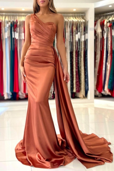 Elegante vestido de fiesta de satén color coral, de un solo hombro, sin mangas, corte sirena, largo hasta el suelo, con volantes