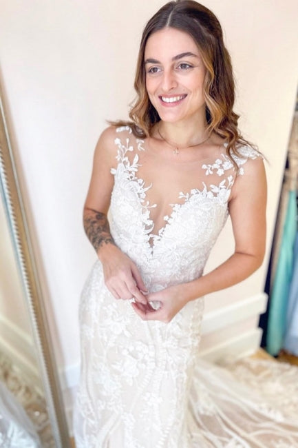 Elegante cremefarbene Meerjungfrau-Brautkleider mit Spitzenapplikationen 