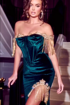 Robe de bal élégante vert foncé sirène à paillettes, sans manches et décolletée, avec fente
