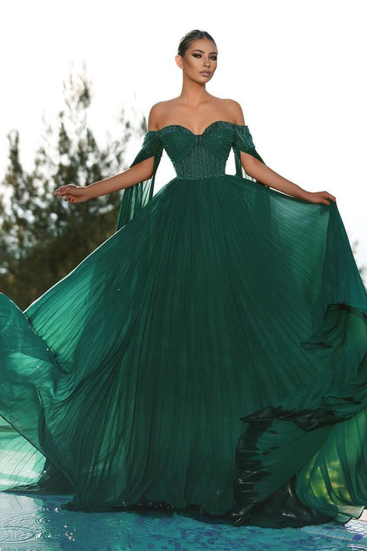 Elegante vestido de fiesta verde oscuro con hombros descubiertos y lentejuelas de corte A
