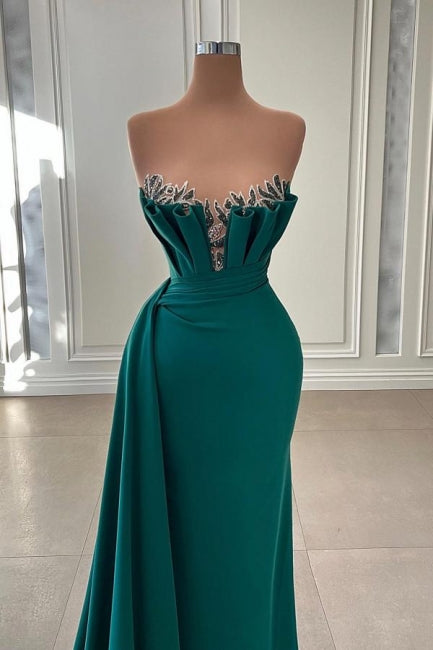 Elegante abito lungo da sera verde scuro a sirena senza spalline per ballo di fine anno