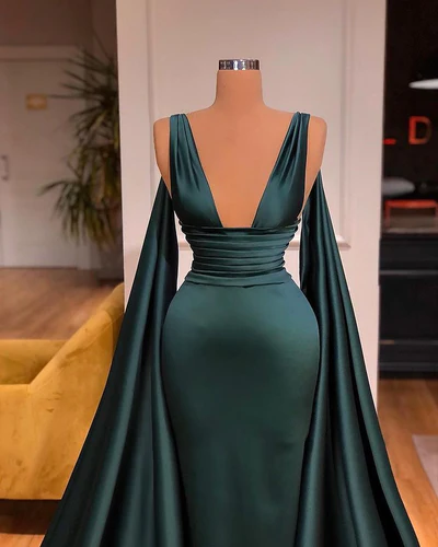Vestido de Baile Elegante Verde Escuro com Decote em V, Sem Mangas e Corte em A