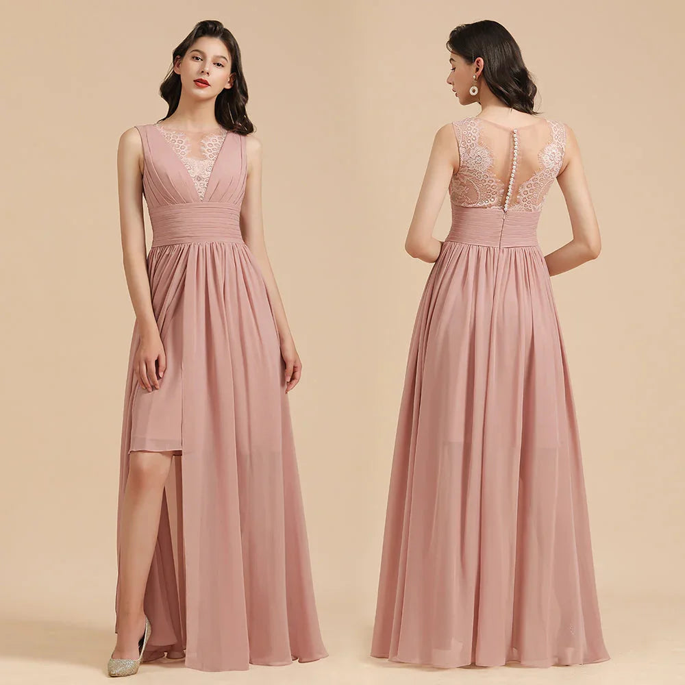 Elegante abito da damigella d'onore senza maniche in pizzo floreale rosa polveroso con spacco laterale per festa