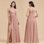 Elegante abito da damigella d'onore senza maniche in pizzo floreale rosa polveroso con spacco laterale per festa