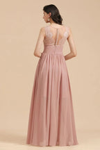Elegante abito da damigella d'onore senza maniche in pizzo floreale rosa polveroso con spacco laterale per festa