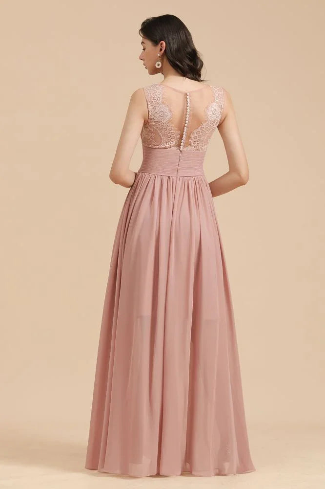 Elegante abito da damigella d'onore senza maniche in pizzo floreale rosa polveroso con spacco laterale per festa