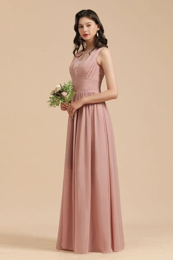 Elegante abito da damigella d'onore senza maniche in pizzo floreale rosa polveroso con spacco laterale per festa