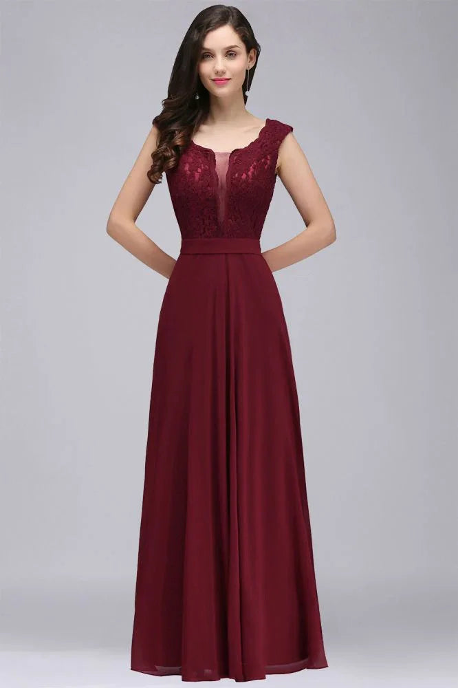 Robe de bal bordeaux élégante en dentelle, longue jusqu'au sol, coupe trapèze