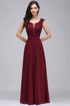 Robe de bal bordeaux élégante en dentelle, longue jusqu'au sol, coupe trapèze