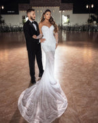 Vestido de Noiva Elegante Comprido até ao Chão, com Decote Coração, Sem Mangas, Estilo Sereia, em Renda com Contas