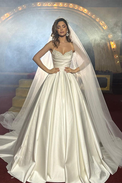 Elegante vestido de novia de satén sin mangas, largo hasta el suelo, corte A y con cuentas
