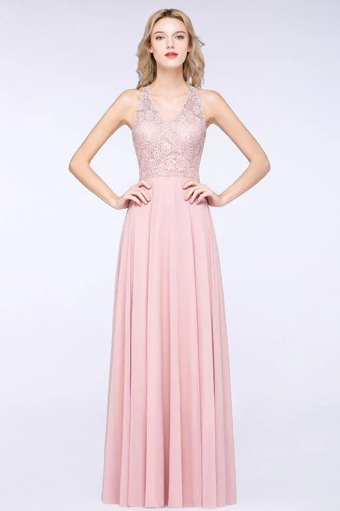 Elegantes Kleid mit Blumenapplikationen für Brautjungfern, staubrosa Chiffon, bodenlanges festliches Kleid